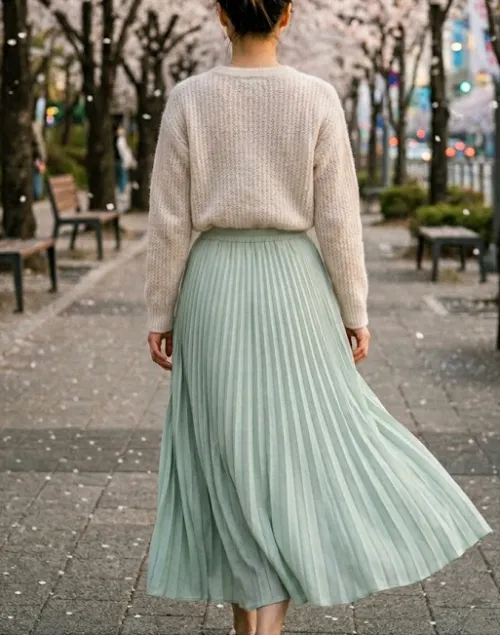 연민트 컬러 롱 플리츠 스커트를 입고 걸어가는 여성