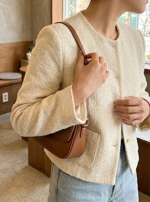 크림색 노카라 트위드 자켓에 연청 데님 팬츠를 매치하고, 작은 가죽 숄더백을 멘 여성