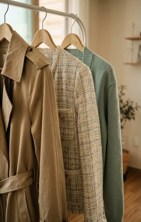 옷걸이에 나란히 걸린 면 트렌치, 조직감이 돋보이는 트위드, 파스텔 니트