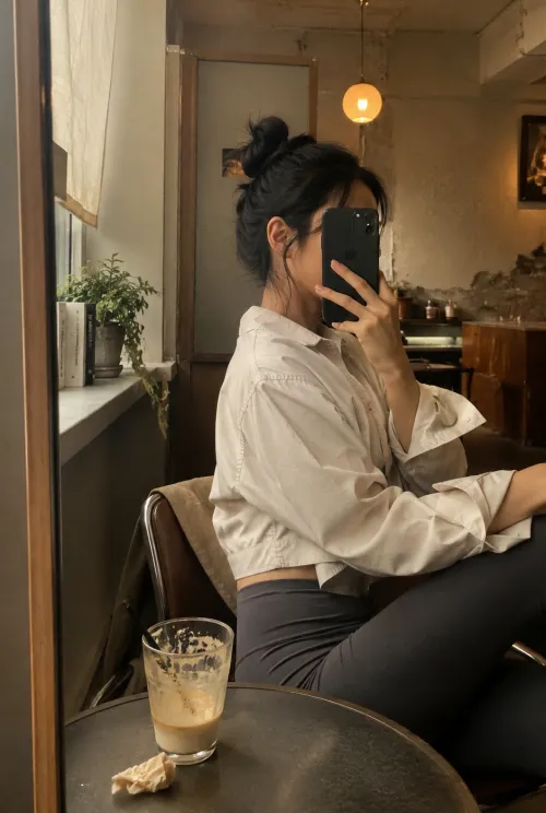 차콜 레깅스 오버핏 셔츠 카페 거울 셀카 애슬레저룩