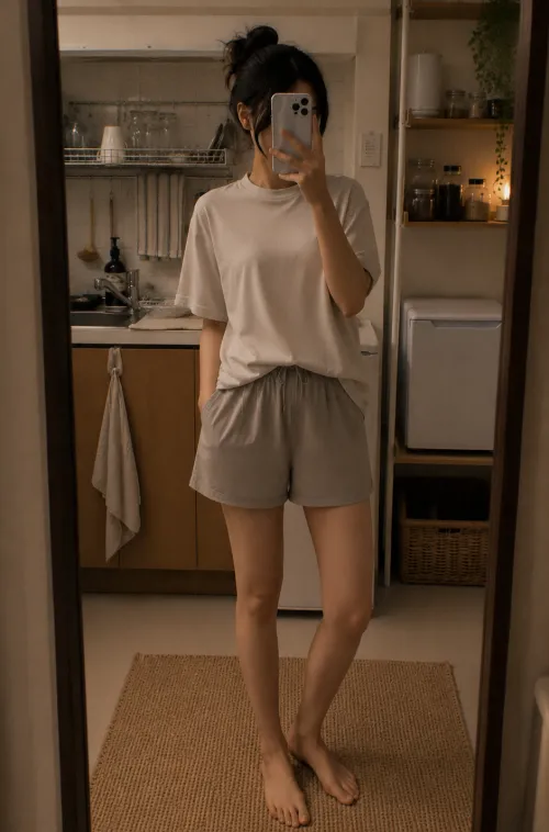 건조기 돌려도 구김 없는 편한 나일론 밴딩 반바지 거울 셀카