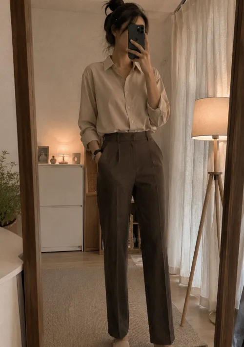 내추럴 커튼 배경의 원룸에서 찍은 린넨 셔츠 출근룩 거울 셀카
