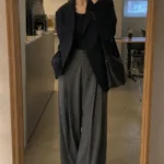 네이비 오버핏 재킷 와이드 슬랙스 거울 셀카