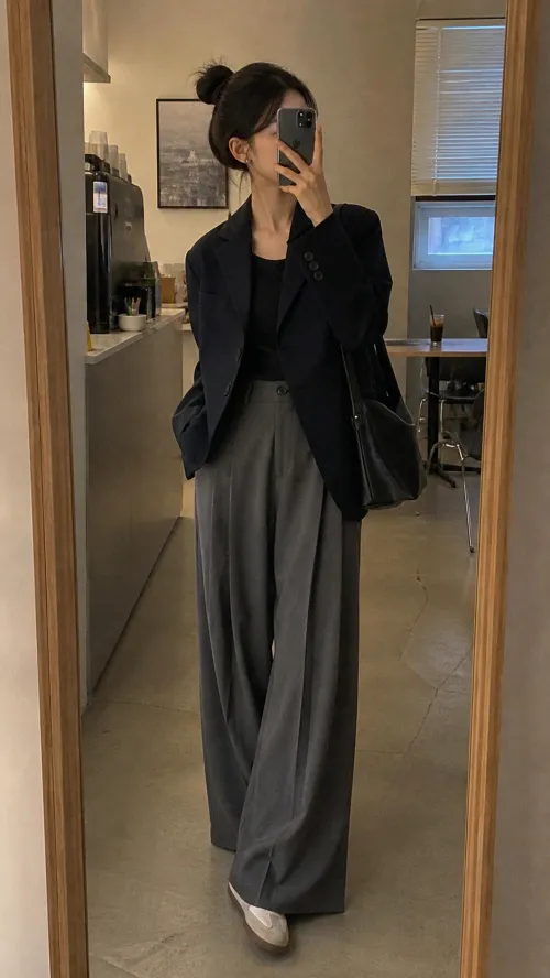 네이비 오버핏 재킷 와이드 슬랙스 거울 셀카