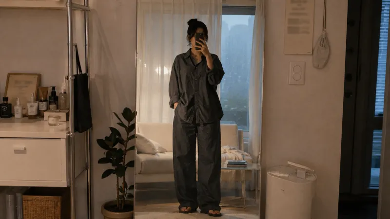 장마철 코디 - 비 오는 날 물방울 맺힌 나일론 와이드 팬츠 거울 셀카