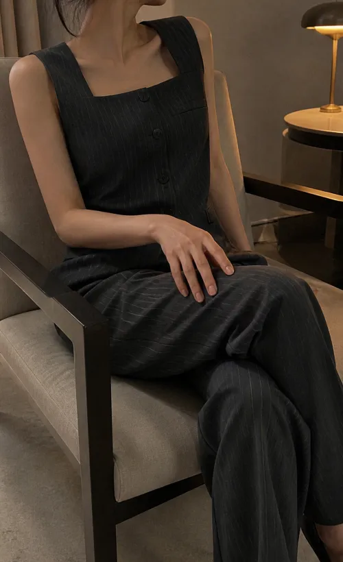 스퀘어넥 핀스트라이프 셋업 오피스룩