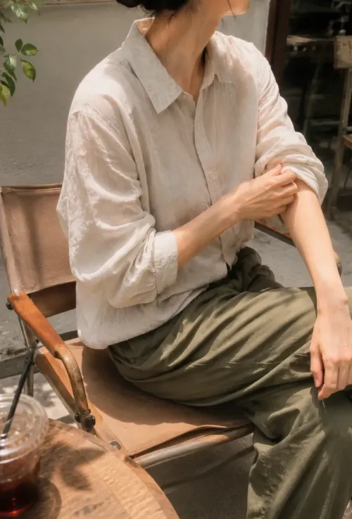 베이지 리넨 셔츠와 카키 나일론 팬츠 착용 핏