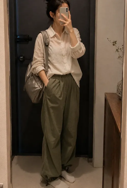 현관 거울 앞에서 나일론 팬츠와 백팩 코디 확인