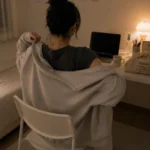 30대 여성 현실룩-초여름 에어컨 냉방에 대비해 피그먼트 반팔 위에 얇은 반집업을 걸치는 현실적인 뒷모습