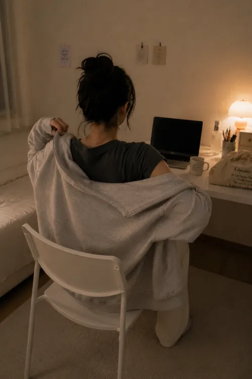 30대 여성 현실룩-초여름 에어컨 냉방에 대비해 피그먼트 반팔 위에 얇은 반집업을 걸치는 현실적인 뒷모습