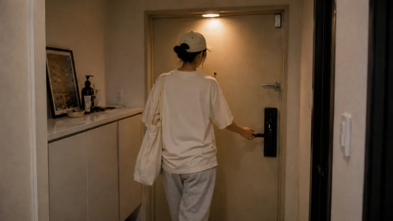 원마일웨어 조거팬츠 코디 - 볼캡 쓰고 센서등 켜진 현관문 나서는 뒷모습