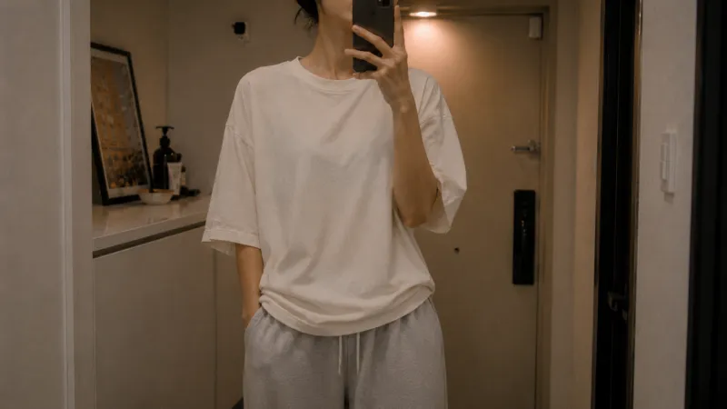 조거팬츠 입고 현관 거울 앞에서 셀카 찍는 모습