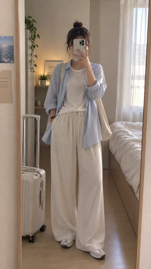 와이드 팬츠와 얇은 셔츠를 매치한 편안한 공항 패션 거울 셀카