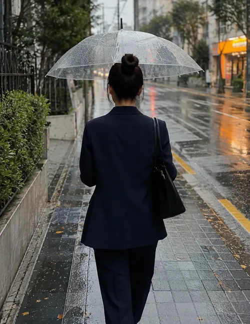 비 오는 아침 우산을 들고 출근하는 여성의 뒷모습