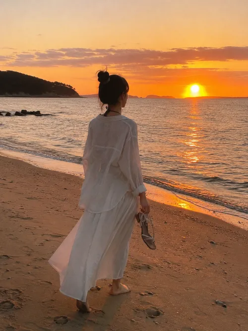 노을 지는 해변을 걷는 우아한 디너룩과 커버업 코디 뒷모습