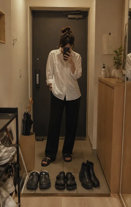 장마철 현관에서 여성샌들과 레인슈즈를 고민하는 모습