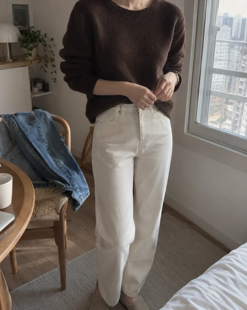 초콜릿 브라운 니트와 아이보리 팬츠를 매치하고 옆에 중청 데님을 놓은 모습