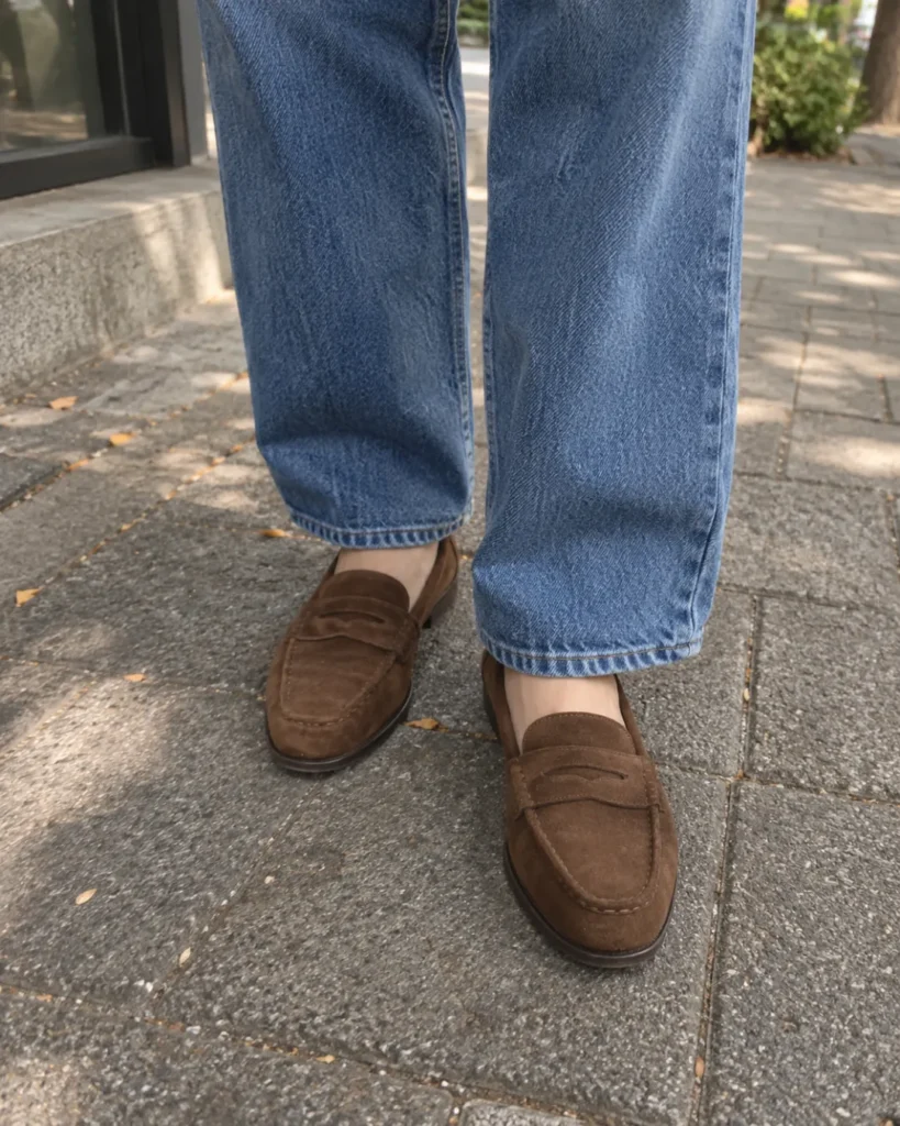청바지 밑단과 브라운 로퍼를 매치한 가을 데일리 코디 다리 클로즈업