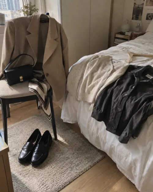 블레이저 가디건 셔츠 자켓을 비교해 둔 간절기 아우터 선택 장면