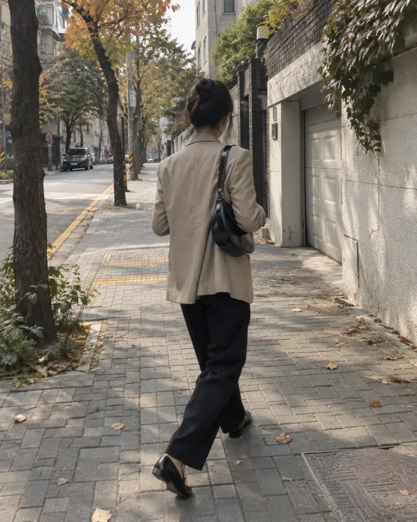 10도 가을 출근길에 베이지 블레이저와 차콜 니트, 블랙 슬랙스를 코디한 여성의 뒷모습