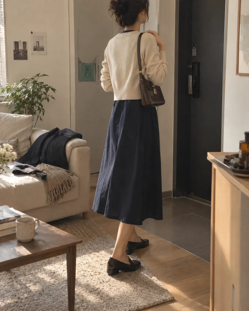 네이비 미디 원피스에 베이지 세미크롭 가디건을 레이어드한 출근룩