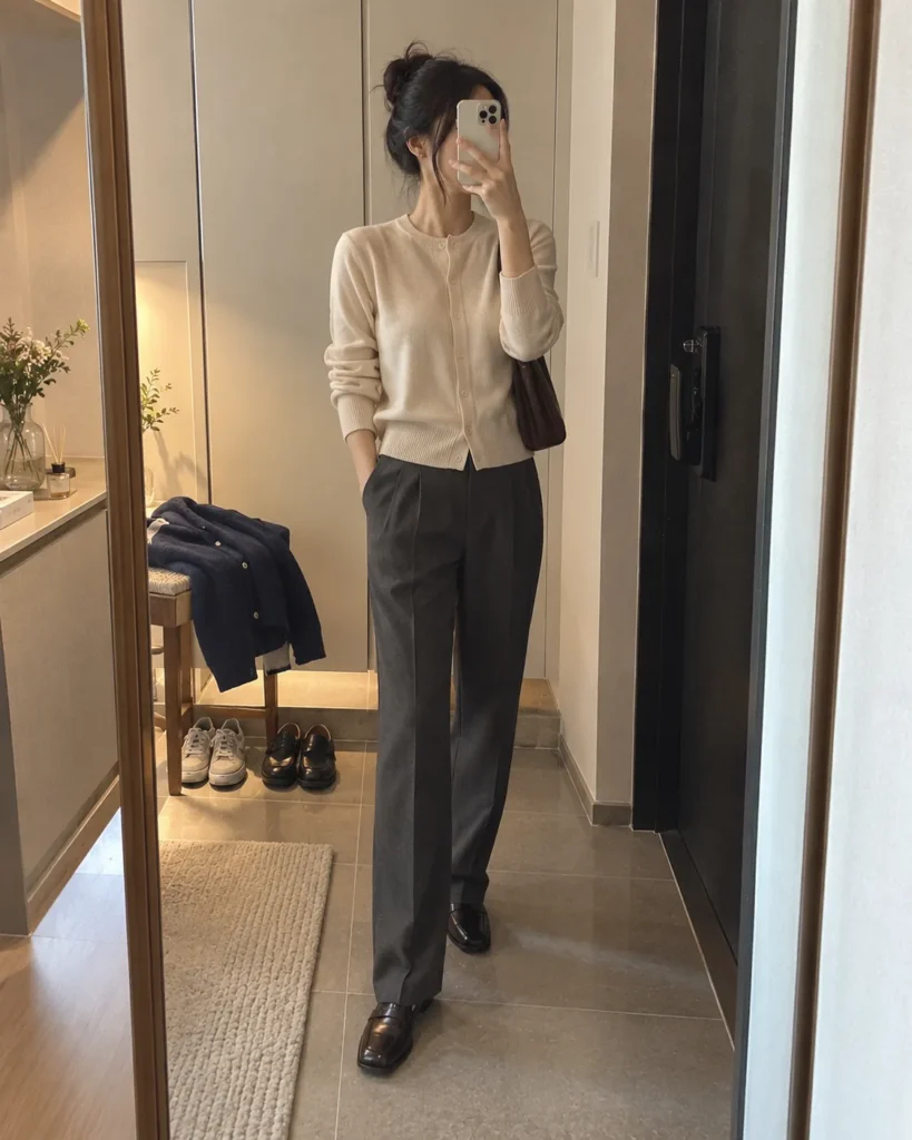 크림 가디건과 차콜 스트레이트 슬랙스를 매치한 출근룩
