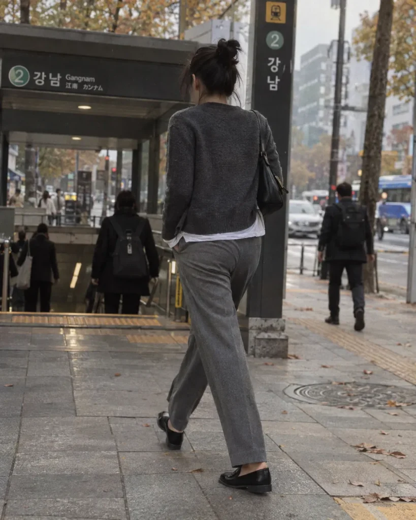 일교차가 큰 가을 출근길에 차콜 가디건과 그레이 슬랙스를 착용한 여성의 뒷모습