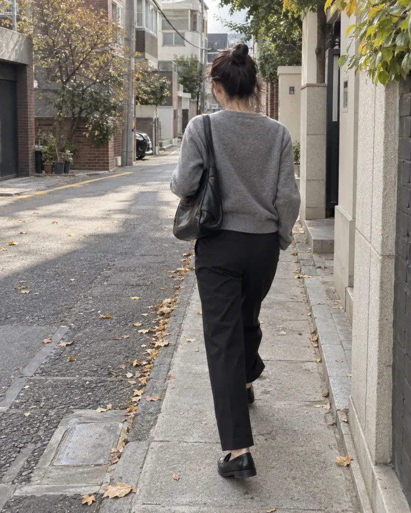 그레이 라운드넥 니트와 블랙 슬랙스, 로퍼를 조합한 여성의 가을 데일리 코디